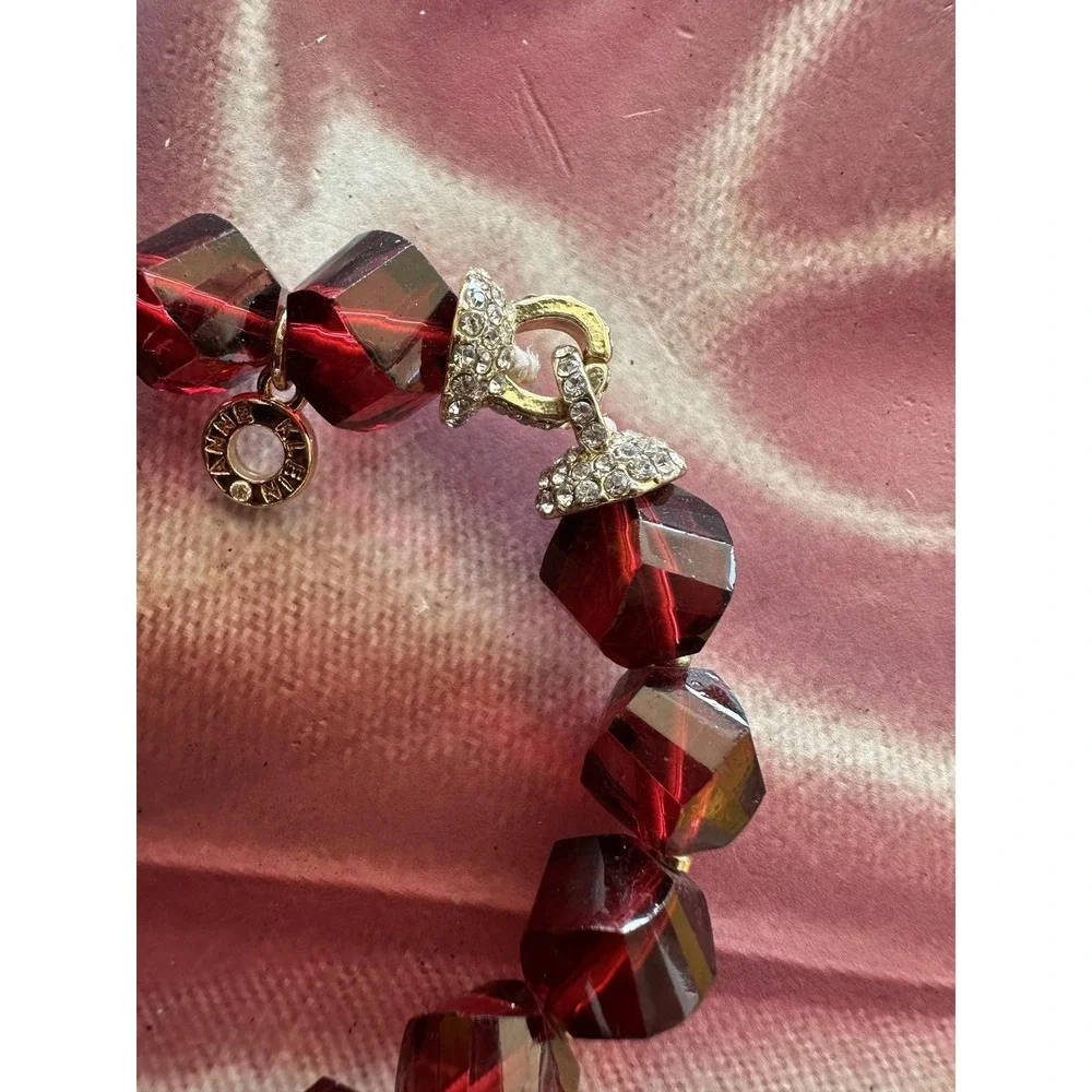 Vintage Anne Klein Red Faceted Bead ElasticBracelet Gold Tone Pave Crystal Charm